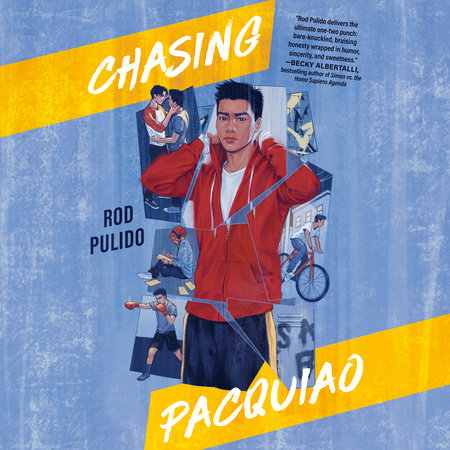 The over of Chasing Pacquiao featuring a drawing of a man pulling a hood of a sweatshirt over his head against a background of cartoon strips